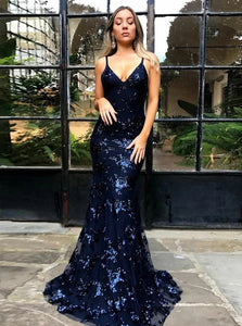 Navy Blue Mermaid Spaghetti Straps Backless Tulle Appliques Prom Dresses
