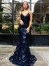 Navy Blue Mermaid Backless Tulle Appliques Prom Dress LBQ0169