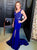 Mermaid Open Back Royal Blue Satin Prom Dresses with Appliques and Slit