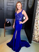 Mermaid Open Back Royal Blue Satin Prom Dresses with Appliques and Slit