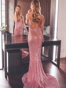 Chic Pink Mermaid Spaghetti Straps Backless Sequined Prom Dress