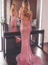 Pink Mermaid Spaghetti Straps Backless Sequined Prom Dress LBQ0043