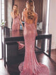 Chic Pink Mermaid Spaghetti Straps Backless Sequined Prom Dress
