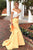 Sexy Sheath Yellow and Ivory Off the Shoulder Satin Prom Dresses with Sweep Train