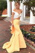 Sheath Yellow and Ivory Off the Shoulder Satin Prom Dresses with Ruffles LBQ0136