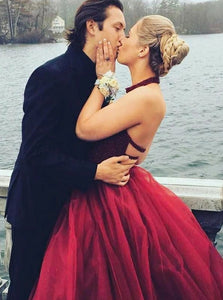 Open Back Dark Red Tulle Prom Dresses with Beadings