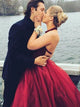 Open Back Dark Red Tulle Prom Dresses with Beadings