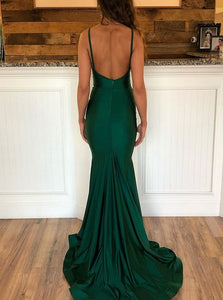 Mermaid Green V Neck Satin Prom Dresses with Sweep Train and Pleats