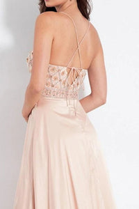 Spaghetti Straps V Neck Open Back Pink Beadings Prom Dresses with Slit