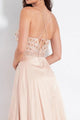 Spaghetti Straps V Neck Open Back Pink Beadings Prom Dresses with Slit