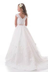 A Line Scoop Applique And Beading Organza Sweep Train Flower Girl Dresses 