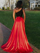Sexy Black Lace Top One Shoulder With Red Satin High Leg Split Sweep Train Prom Dress 