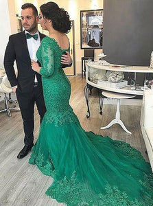 Mermaid V Neck Green Tulle Prom Dress with Lace Beading LBQ0193