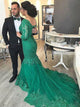 Mermaid V Neck Green Tulle Prom Dress with Lace Beading LBQ0193