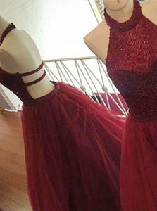 A Line Halter Open Back Dark Red Tulle Sweep Train Prom Dresses with Beadings