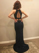 Sexy Mermaid Jewel Open Back Black Satin Prom Dress with Beadings 