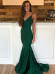 Mermaid Green V Neck Satin Prom Dresses with Sweep Train