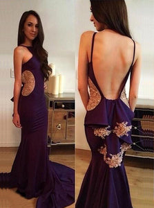 Sexy Mermaid Halter Backless Satin Prom Dresses with Appliques Sequins