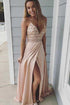 Spaghetti Straps V Neck Lace Up Pink Beadings Prom Dresses LBQ0137