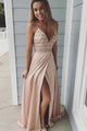 A Line Spaghetti Straps V Neck Open Back Pink Beadings Prom Dresses