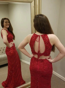 Mermaid Jewel Open Back Red Satin Prom Dresses with Beadings 