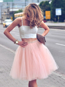 Spaghetti Straps Knee Length Pearl Pink Tulle Homecoming Dresses