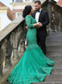 Mermaid V Neck Green Tulle Prom Dress with Lace Beading LBQ0193