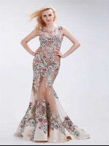 Mermaid Scoop Tulle Appliques Sleeveless Prom Dress with Sweep Train