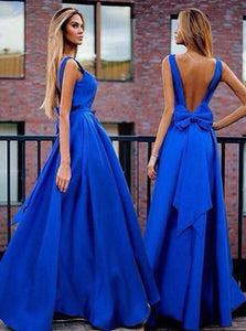 A Line V Neck Sweep Train Backless Royal Blue Prom Dresses with Bowknot Pleats 
