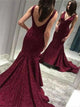 V Neck Open Back Mermaid Burgundy Chapl Train Prom Dresses