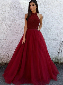 A Line Halter Open Back Dark Red Tulle Sleeveless Prom Dresses with Beadings