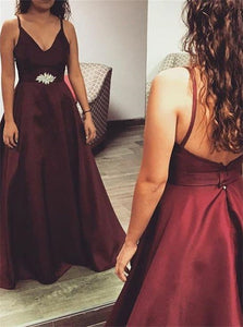 A Line Burgundy Satin Prom Dress with Beadings