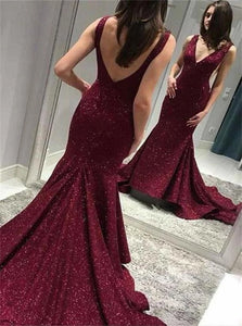 Sequins V Neck Open Back Mermaid Burgundy Prom Dresses