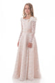 Pink Lace A Line Bateau Long Sleeves With Beads Flower Girl Dresses 