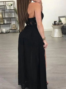 A Line Black Tulle Prom Dresses With Appliques and Slit