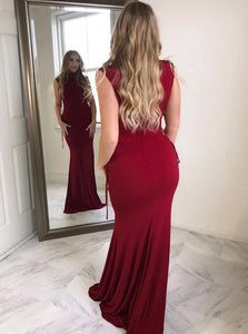 Sleeveless Red Sheath High Neck Satin Prom Dress with Beading