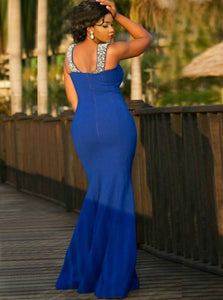 Mermaid Royal Blue Plus Size Satin Prom Dress with Beadings and Sweep Train