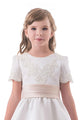 White A Line Scoop Short Sleeves Satin Applique Flower Girl Dresses