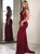 Red Sheath High Neck Satin Sweep Train Prom Dress with Beading