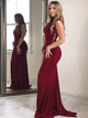 Red Sheath High Neck Satin Sweep Train Prom Dress with Beading