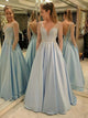 V Neck Long Sleeves Blue Satin Prom Dresses with Lace Beadings