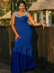 Mermaid Royal Blue Plus Size Satin Prom Dress with Beadings 