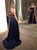 Spaghetti Straps Dark Blue Satin Prom Dresses with Beading Split