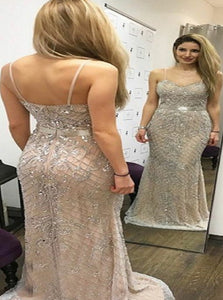  Mermaid Spaghetti Straps Champagne Chiffon Prom Dress with Beadings 