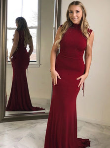 Chic Red Sheath High Neck Satin Prom Dress with Beading