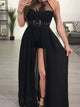 Black Tulle Floor Length Prom Dresses With Appliques and Slit