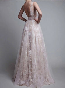 A Line Deep V Neck Floor Length Sleeveless Lace Tulle Prom Dresses