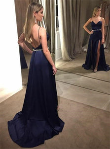 A Line Spaghetti Straps Dark Blue Satin Prom Dress with Beadings and Slit