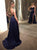 A Line Spaghetti Straps Dark Blue Satin Prom Dress with Beadings and Slit