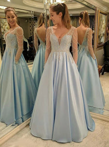 A Line V Neck Long Sleeves Blue Open Back Satin Prom Dress with Lace Beading
